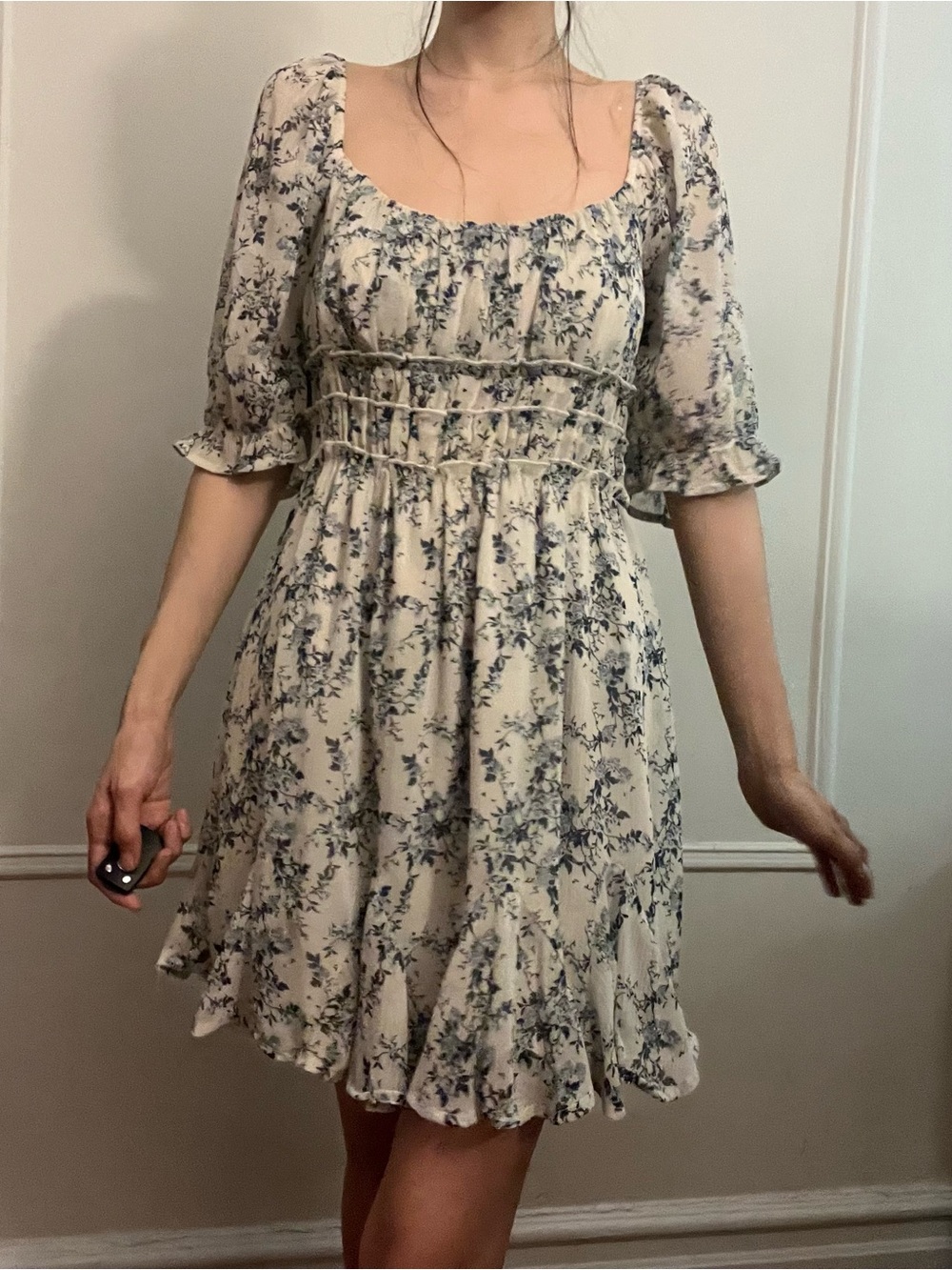 Trixxi Cream Mini Dress with Blue Floral Print